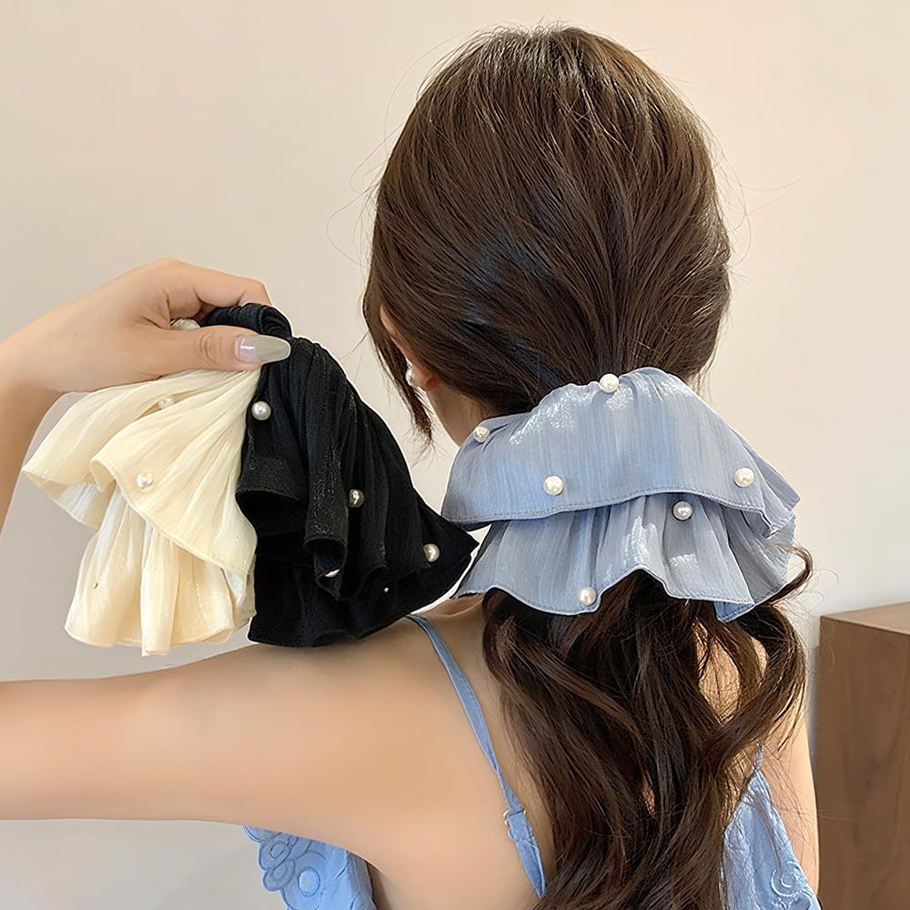 Super Fairy Elegant High-End Flowing Light Silky Satin Pleated Pearl Large Scrunchies set of 3