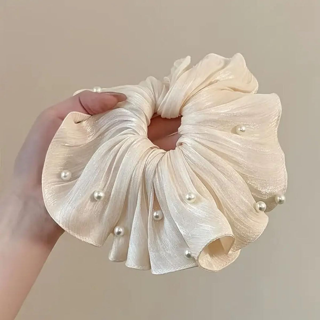 Super Fairy Elegant High-End Flowing Light Silky Satin Pleated Pearl Large Scrunchies set of 3