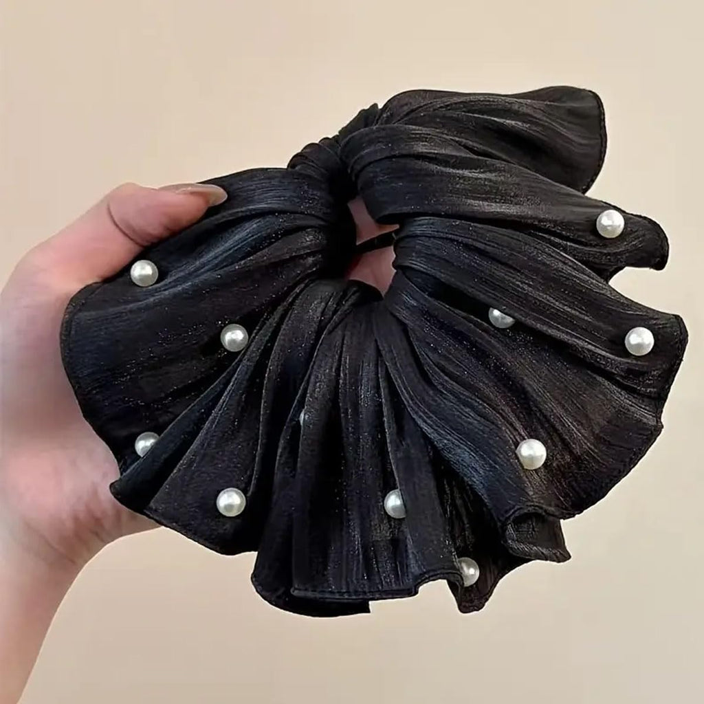 Super Fairy Elegant High-End Flowing Light Silky Satin Pleated Pearl Large Scrunchies set of 3