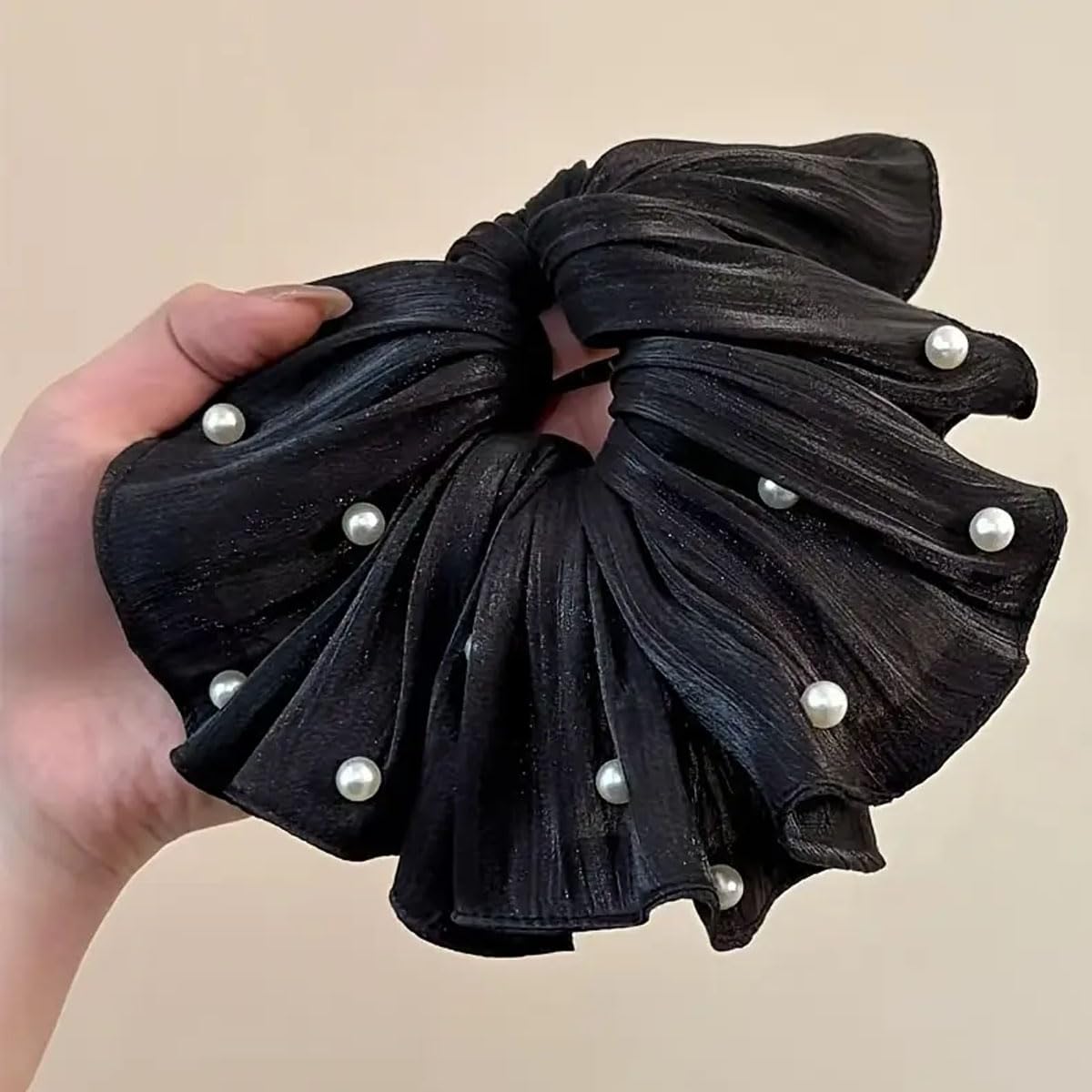Super Fairy Elegant High-End Flowing Light Silky Satin Pleated Pearl Large Scrunchies set of 3