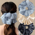 Super Fairy Elegant High-End Flowing Light Silky Satin Pleated Pearl Large Scrunchies set of 3
