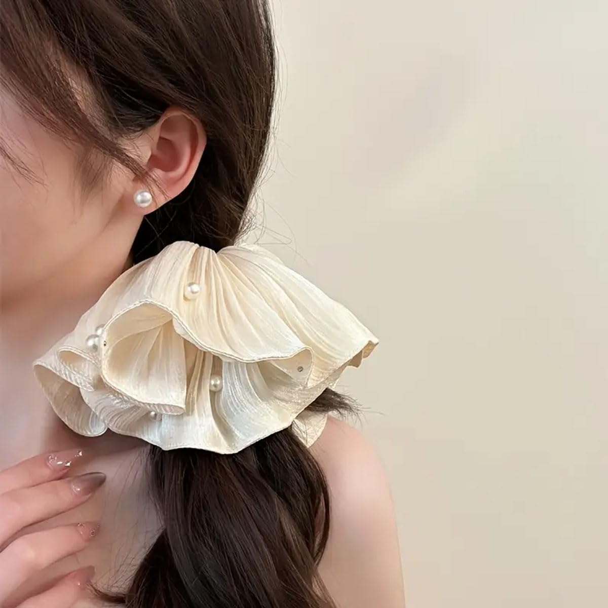 Super Fairy Elegant High-End Flowing Light Silky Satin Pleated Pearl Large Scrunchies set of 3
