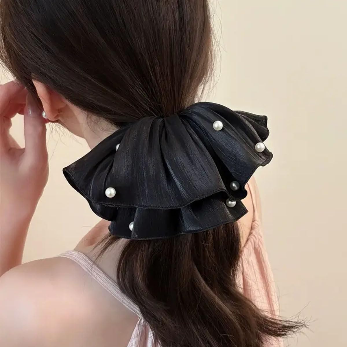 Super Fairy Elegant High-End Flowing Light Silky Satin Pleated Pearl Large Scrunchies set of 3