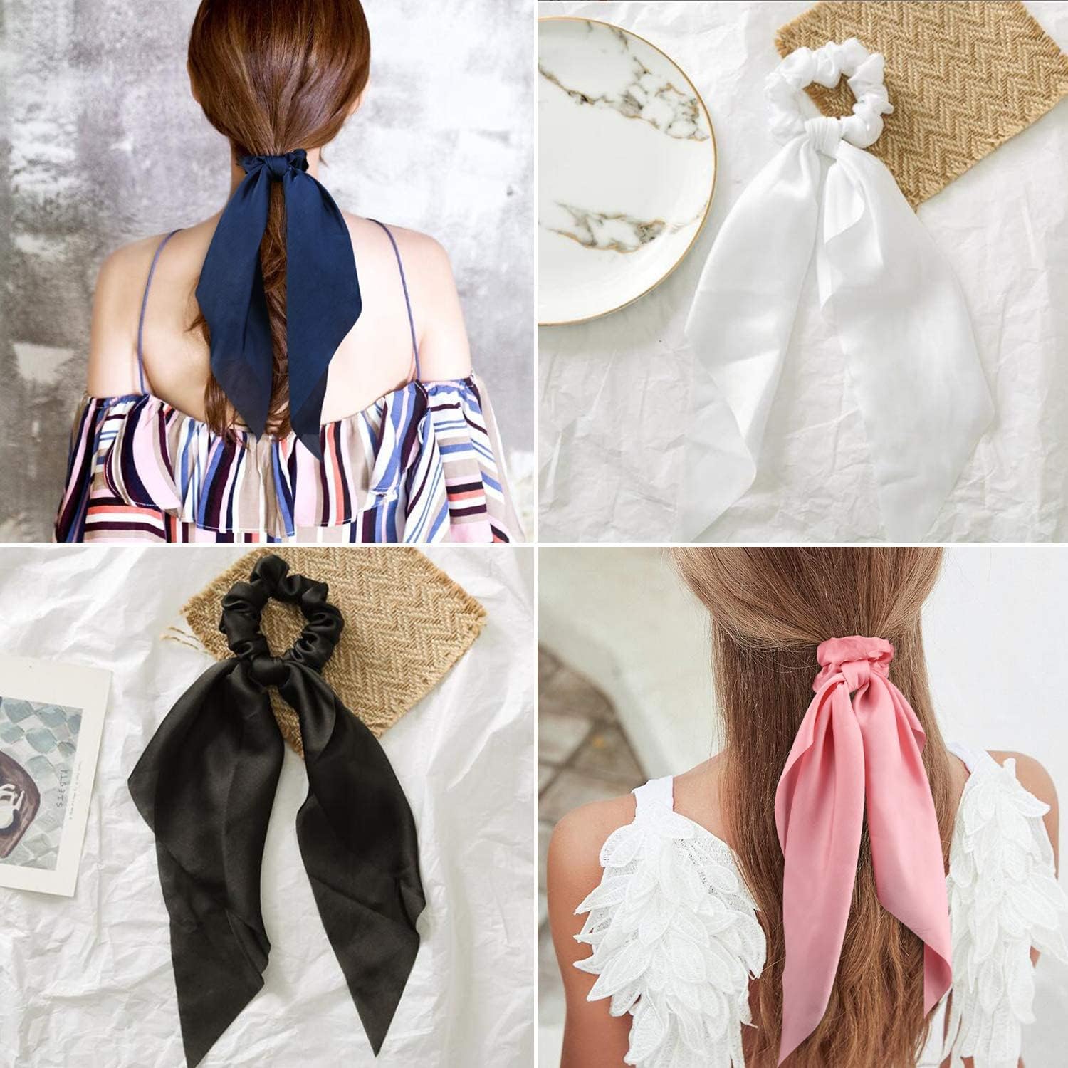 Satin Bow Hair Scrunchies, Soft Scarf Ponytail Hair Ties Scrunchies - set of 4