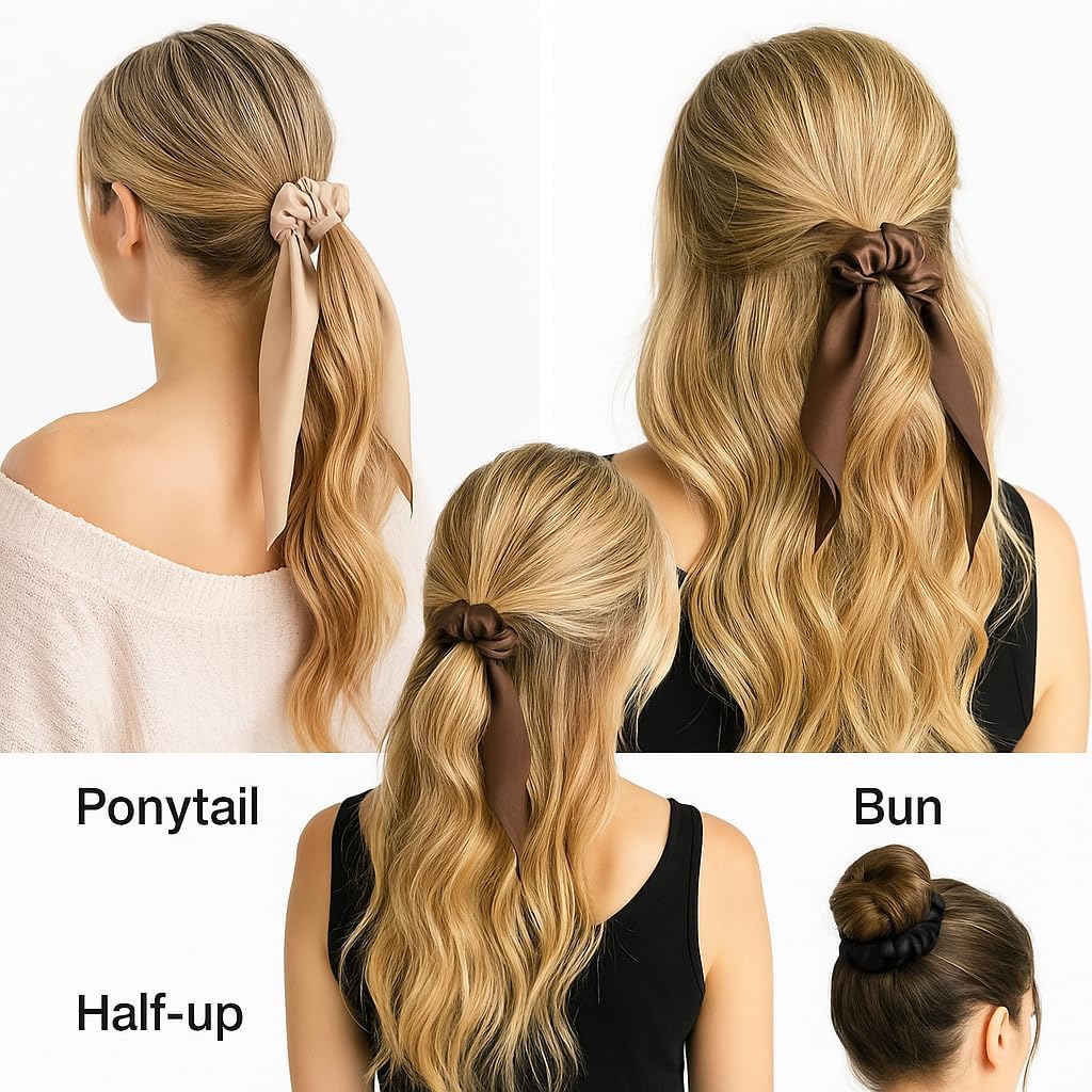 Satin Bow Hair Scrunchies, Soft Scarf Ponytail Hair Ties Scrunchies - set of 4