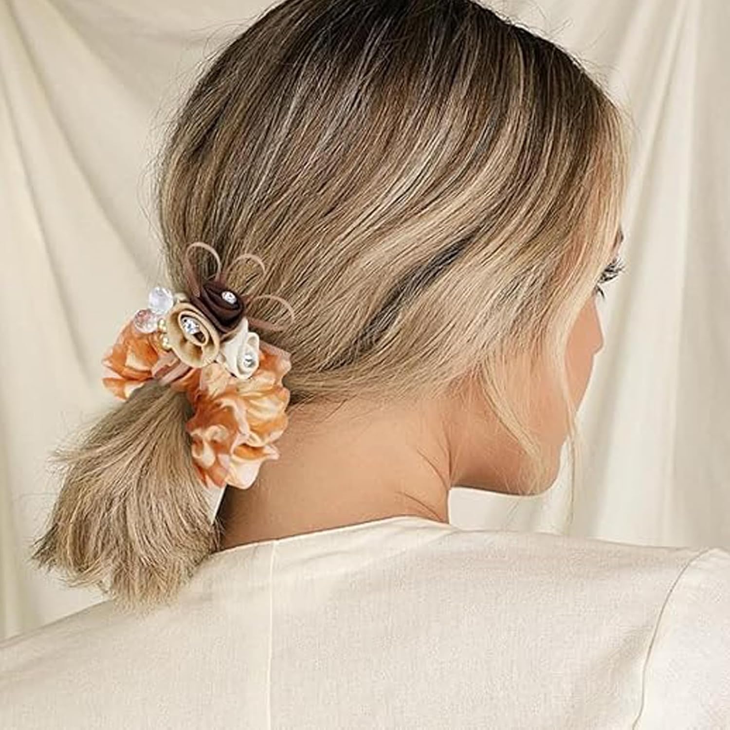 Floral Organza Scrunchies, Elegant Rose & Rhinestone Hair Ties  - set of 4