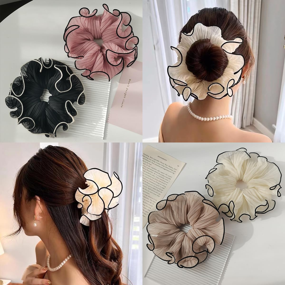 Large Pleated Chiffon Hair Scrunchies Hair Ties Extra Large Scrunchy  - set of 4