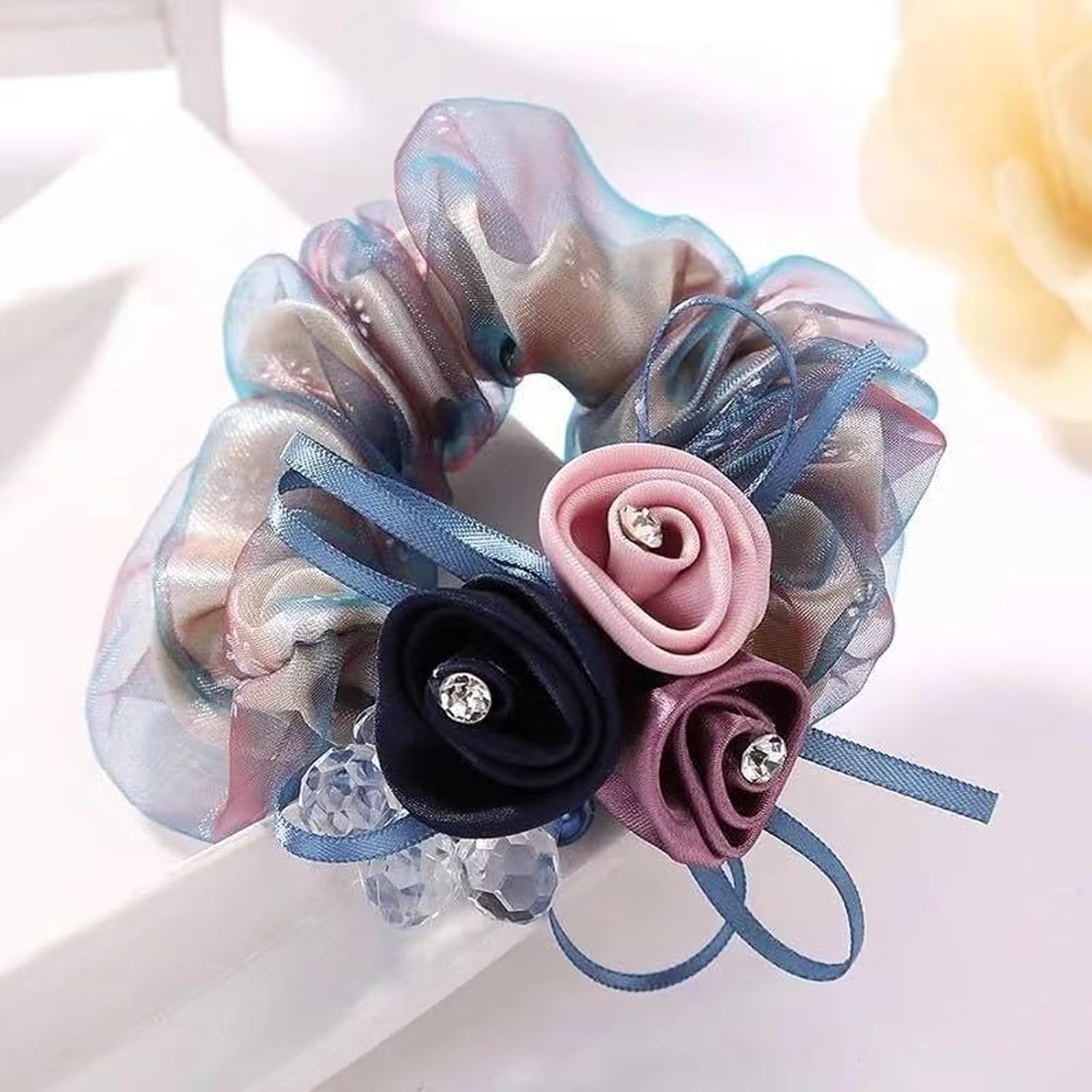 Floral Organza Scrunchies, Elegant Rose & Rhinestone Hair Ties  - set of 4
