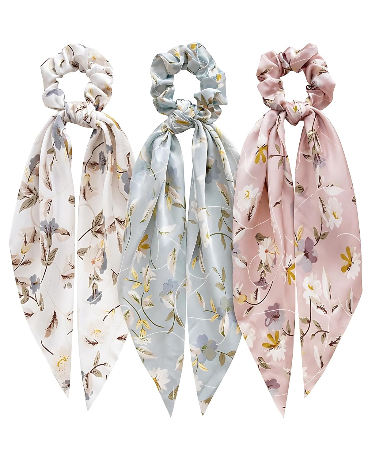 Satin Bow Hair Scrunchies, Soft Scarf Ponytail Hair Ties Scrunchies - set of 3