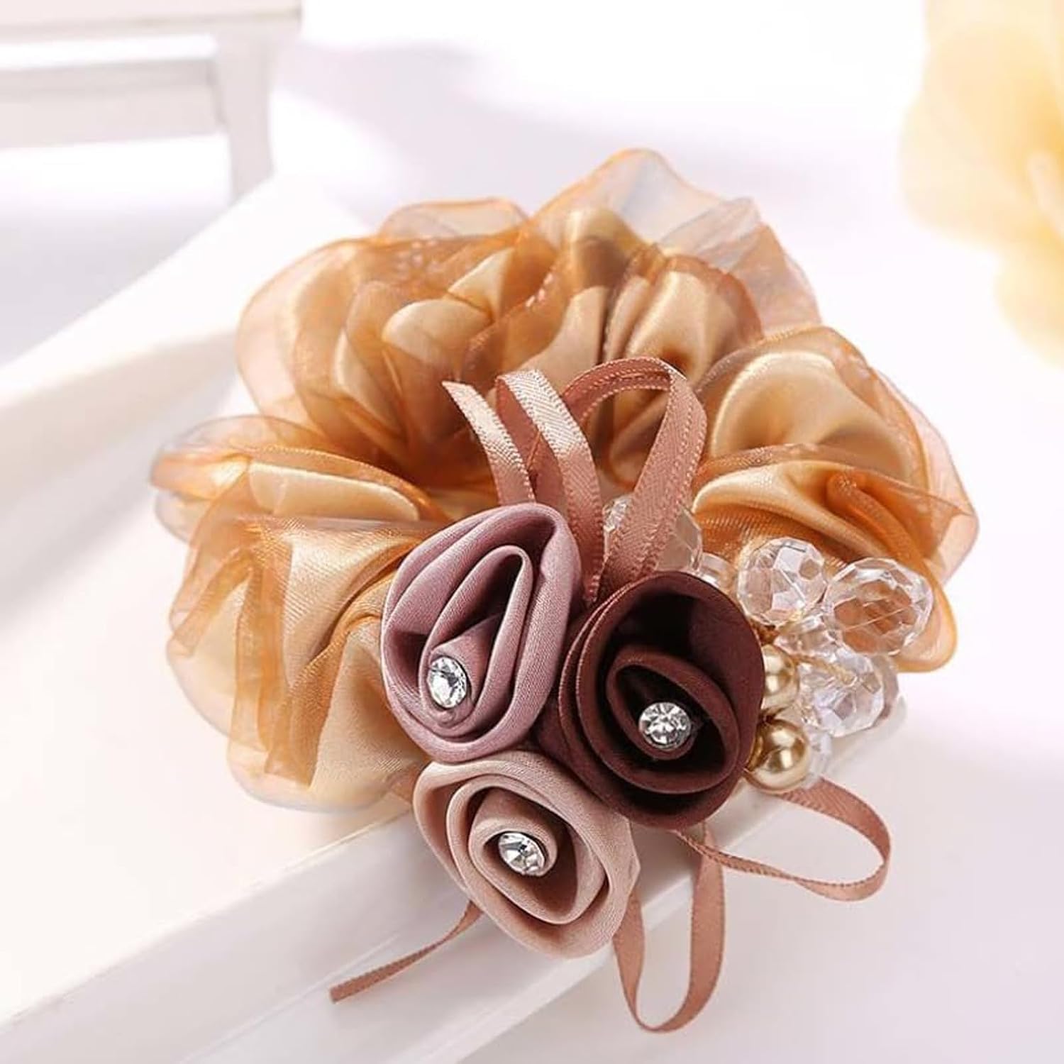Floral Organza Scrunchies, Elegant Rose & Rhinestone Hair Ties  - set of 4