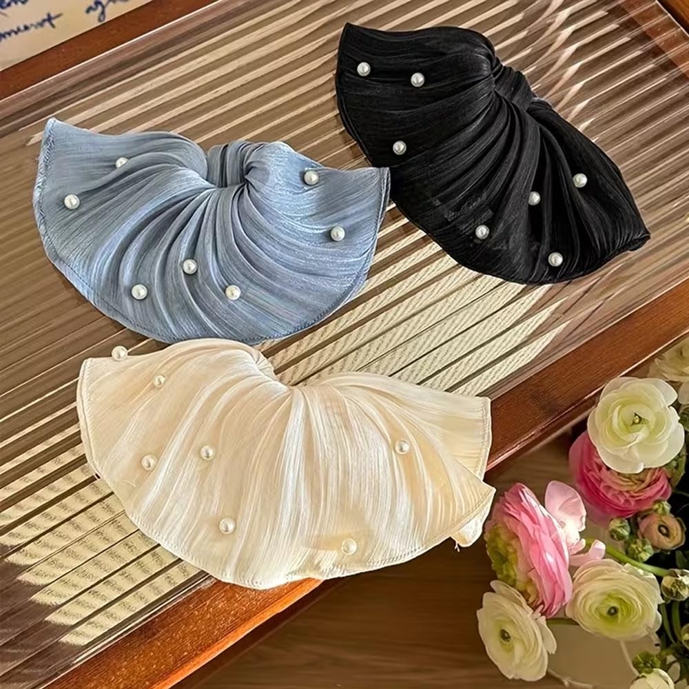 Super Fairy Elegant High-End Flowing Light Silky Satin Pleated Pearl Large Scrunchies set of 3