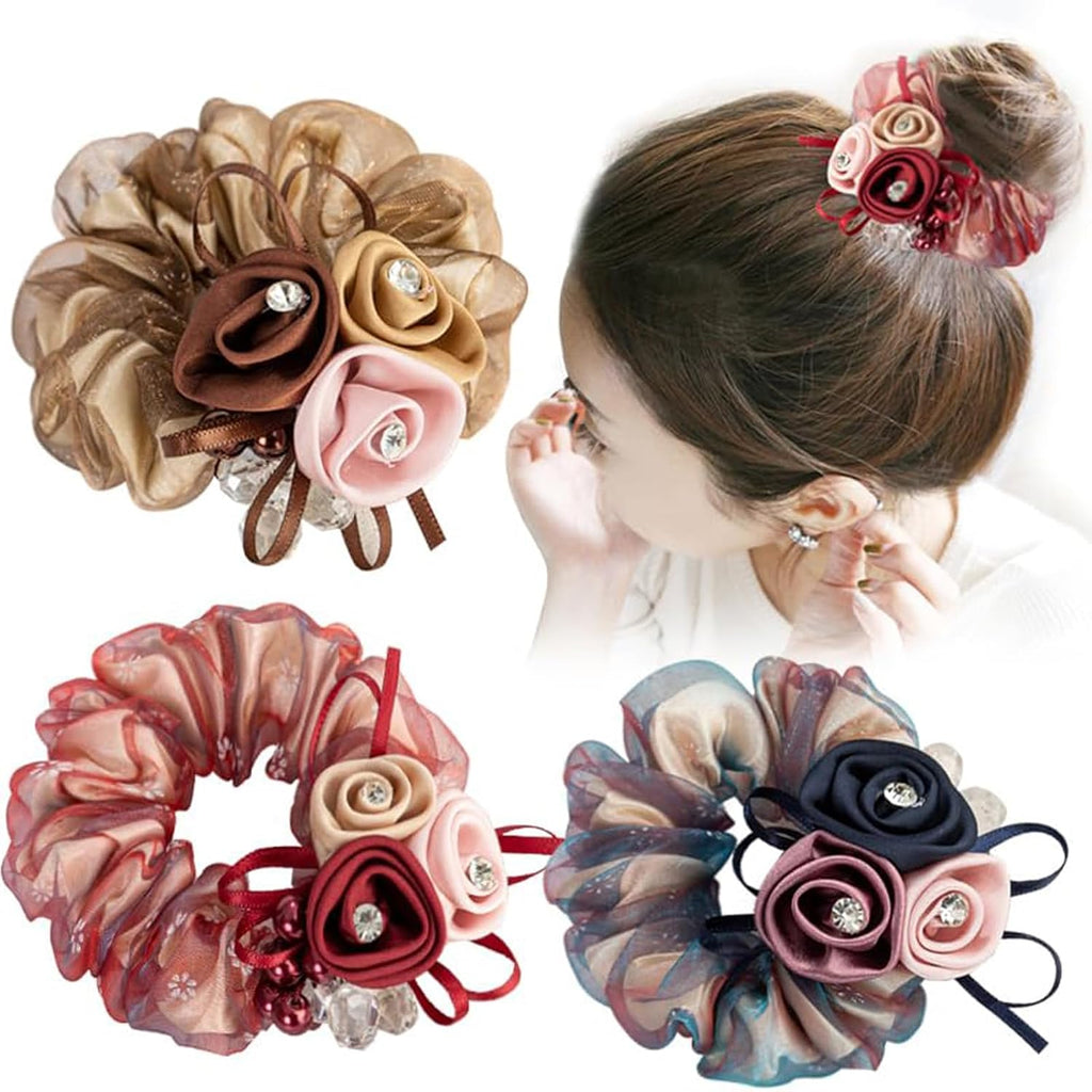 Floral Organza Scrunchies, Elegant Rose & Rhinestone Hair Ties  - set of 4