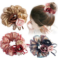 Floral Organza Scrunchies, Elegant Rose & Rhinestone Hair Ties  - set of 4
