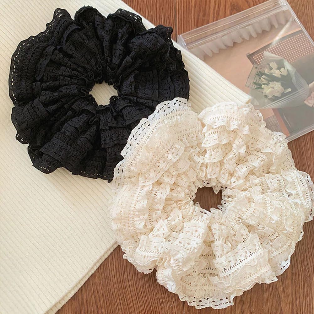 Vintage-Inspired Lace Large Hair Scrunchies for Women - set of 2