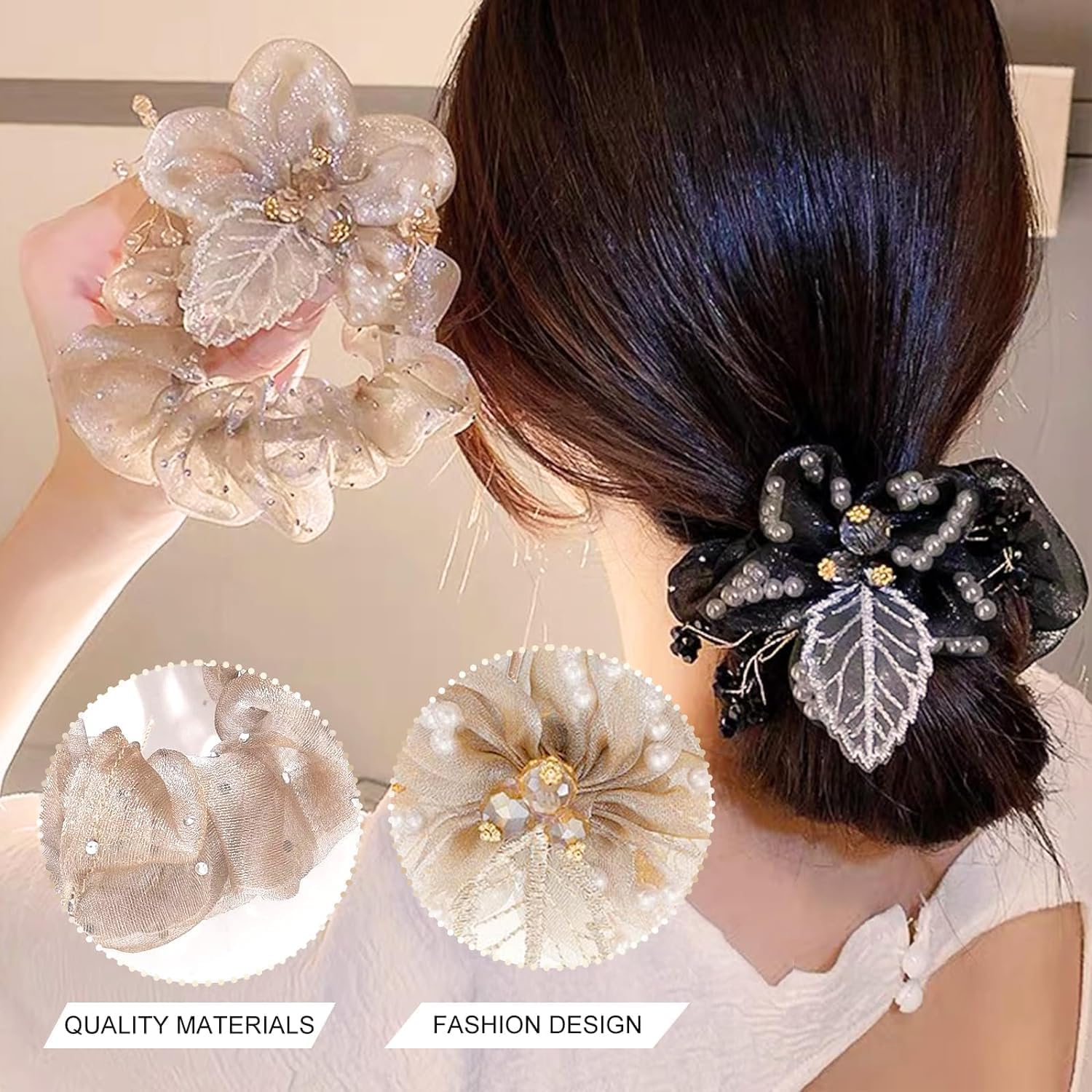 Flower Hair Scrunchies for Women, Leaf Embroidery Acrylic Pearl Elastic Hair scrunchies - set of 2