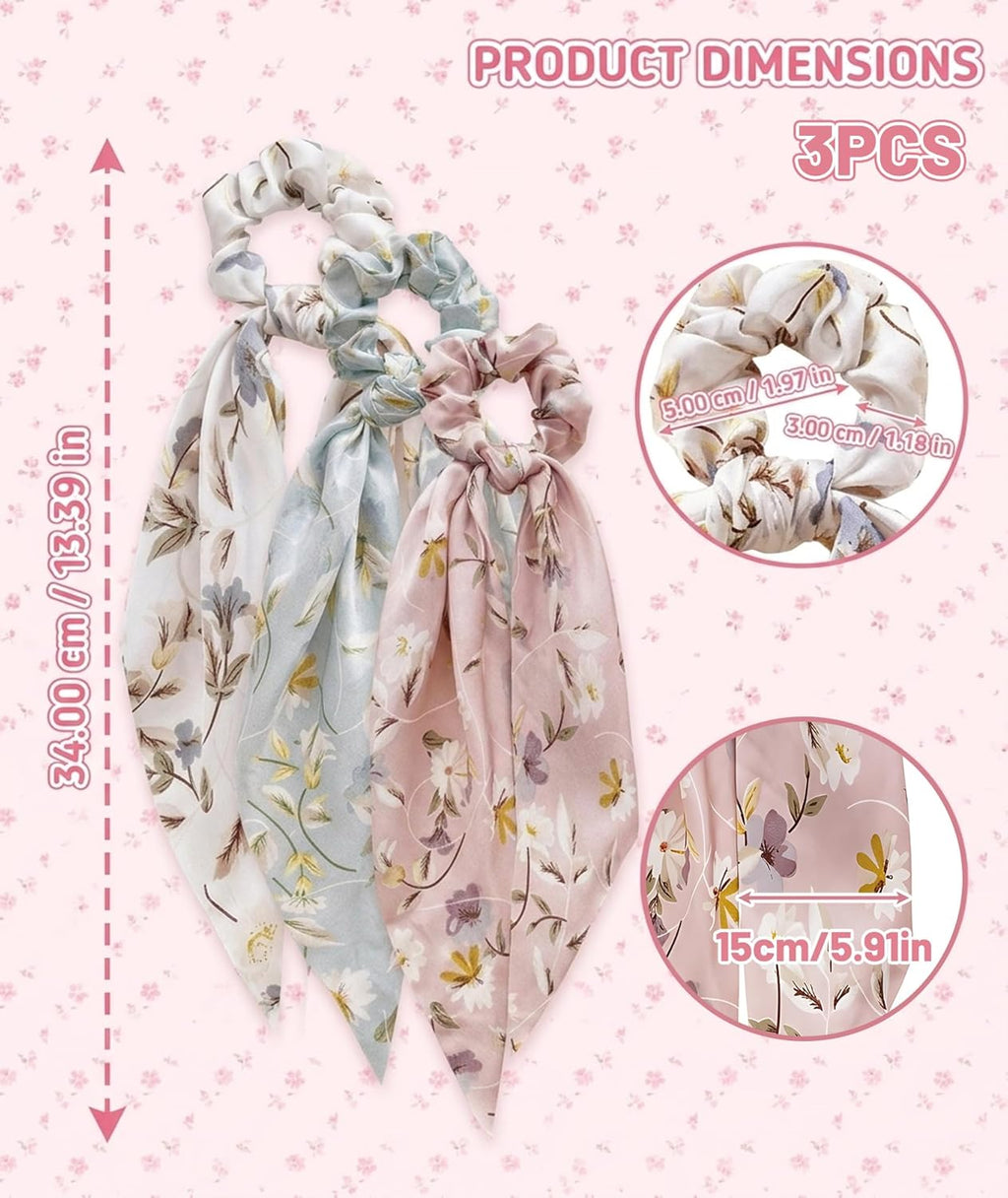 Satin Bow Hair Scrunchies, Soft Scarf Ponytail Hair Ties Scrunchies - set of 3