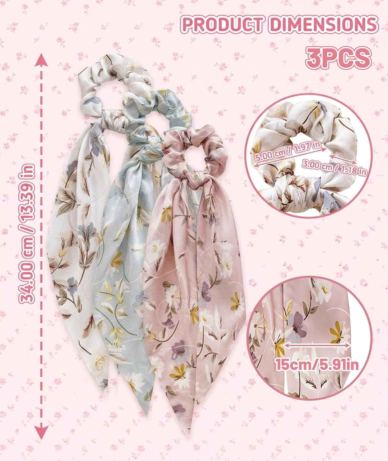Satin Bow Hair Scrunchies, Soft Scarf Ponytail Hair Ties Scrunchies - set of 3