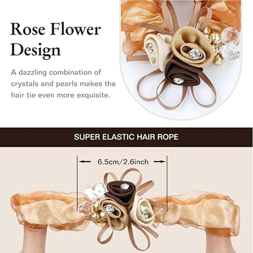 Floral Organza Scrunchies, Elegant Rose & Rhinestone Hair Ties  - set of 4