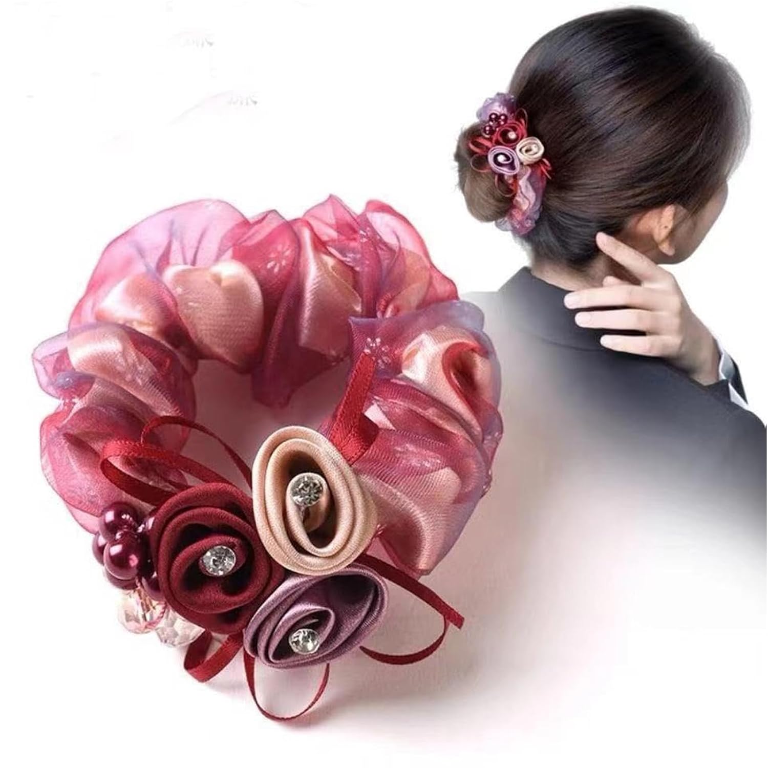 Floral Organza Scrunchies, Elegant Rose & Rhinestone Hair Ties  - set of 4
