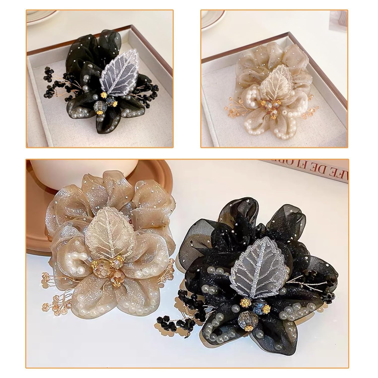 Flower Hair Scrunchies for Women, Leaf Embroidery Acrylic Pearl Elastic Hair scrunchies - set of 2