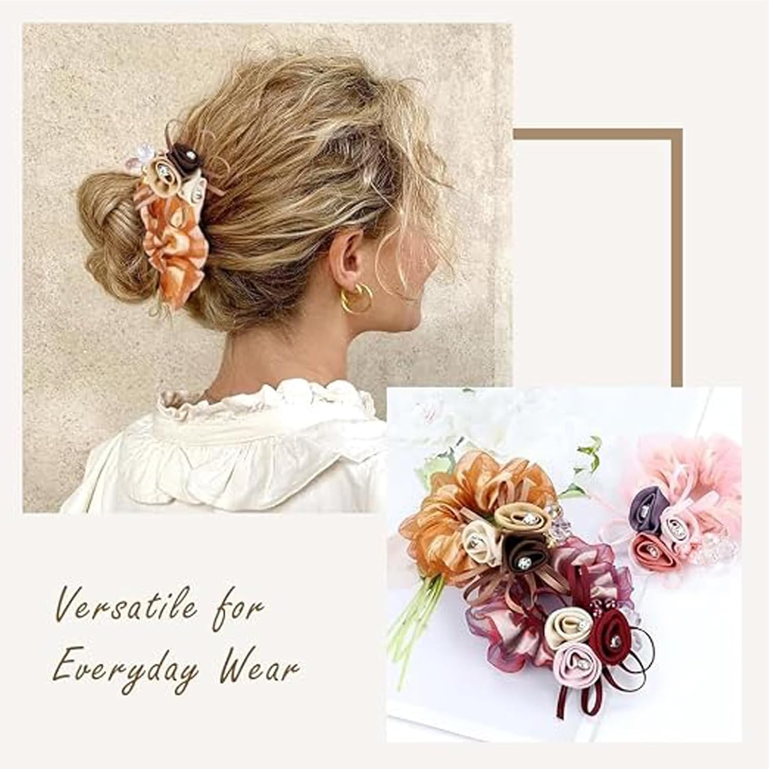 Floral Organza Scrunchies, Elegant Rose & Rhinestone Hair Ties  - set of 4