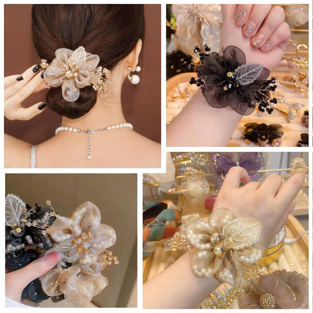 Flower Hair Scrunchies for Women, Leaf Embroidery Acrylic Pearl Elastic Hair scrunchies - set of 2