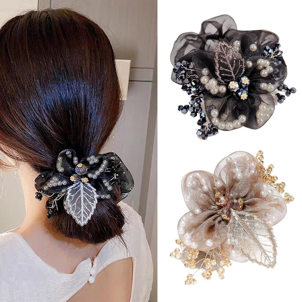Flower Hair Scrunchies for Women, Leaf Embroidery Acrylic Pearl Elastic Hair scrunchies - set of 2