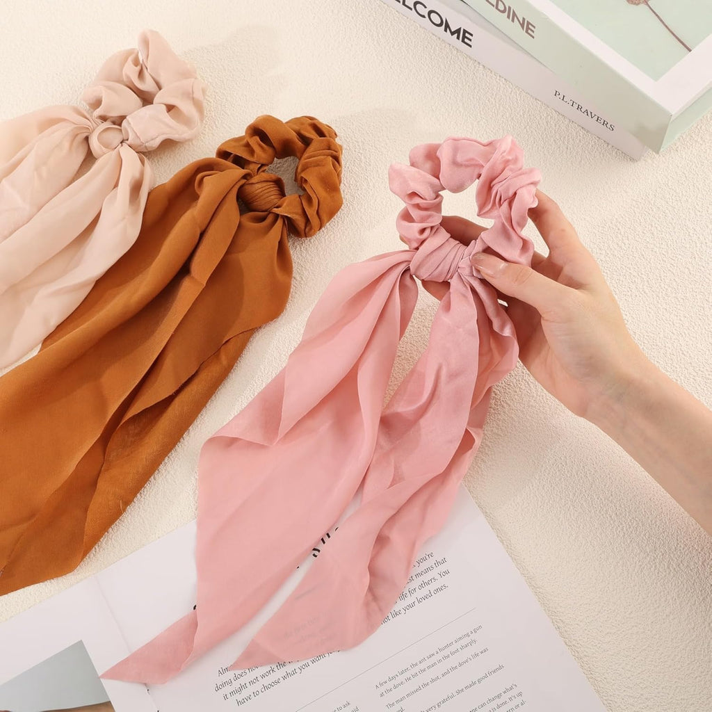 Satin Bow Hair Scrunchies, Soft Scarf Ponytail Hair Ties Scrunchies - set of 4