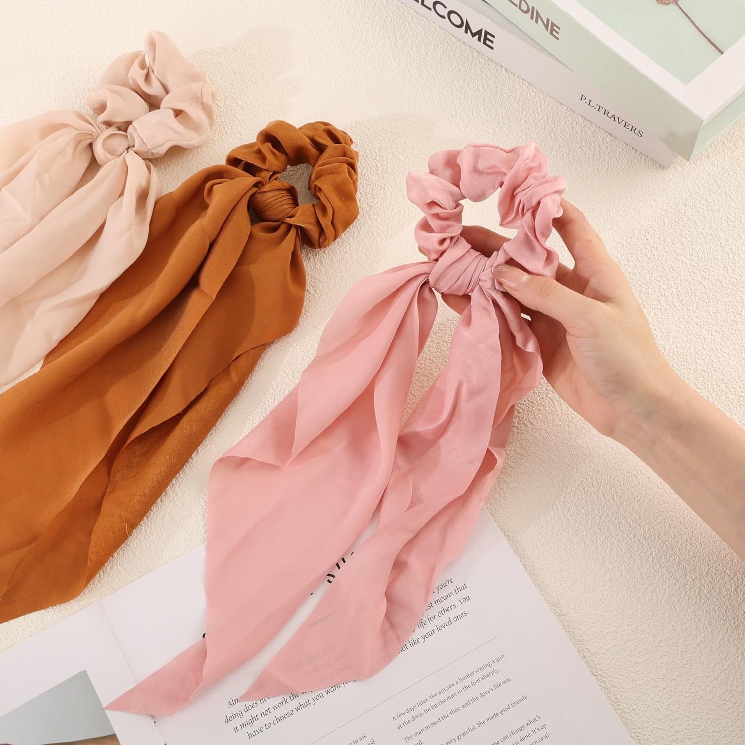 Satin Bow Hair Scrunchies, Soft Scarf Ponytail Hair Ties Scrunchies - set of 4