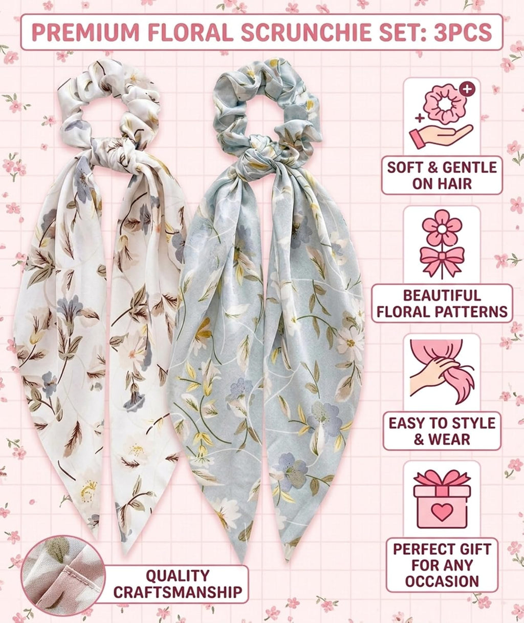 Satin Bow Hair Scrunchies, Soft Scarf Ponytail Hair Ties Scrunchies - set of 3