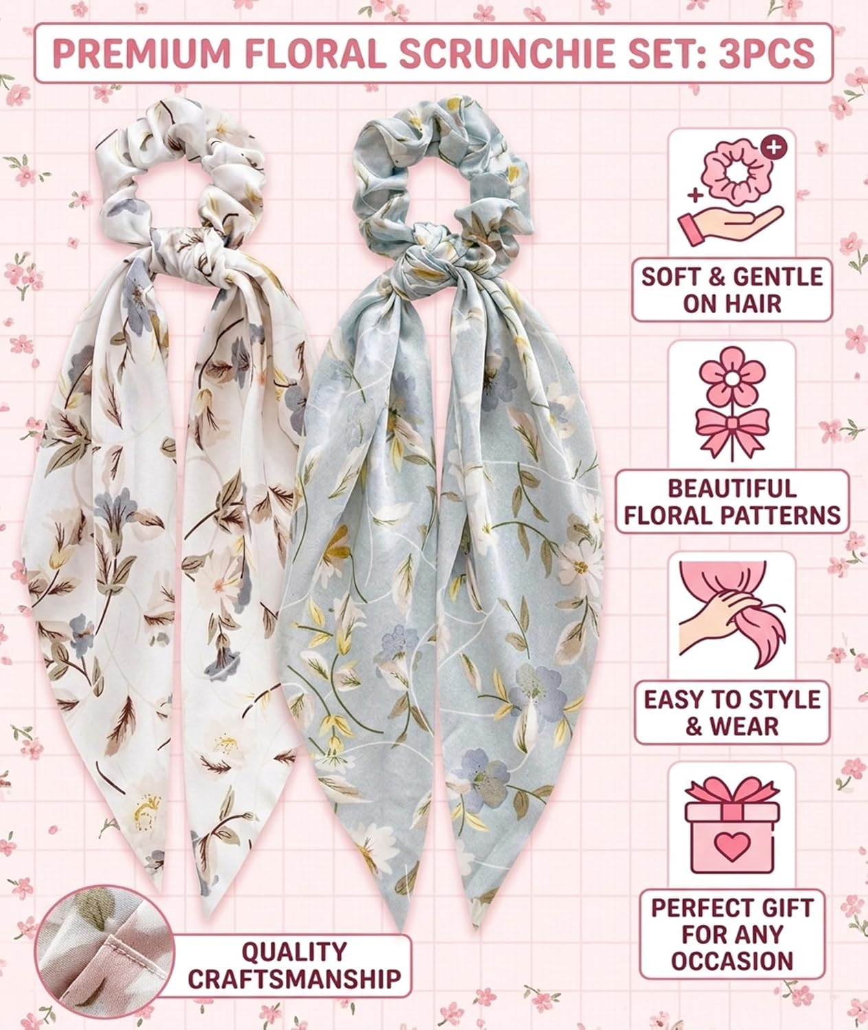 Satin Bow Hair Scrunchies, Soft Scarf Ponytail Hair Ties Scrunchies - set of 3