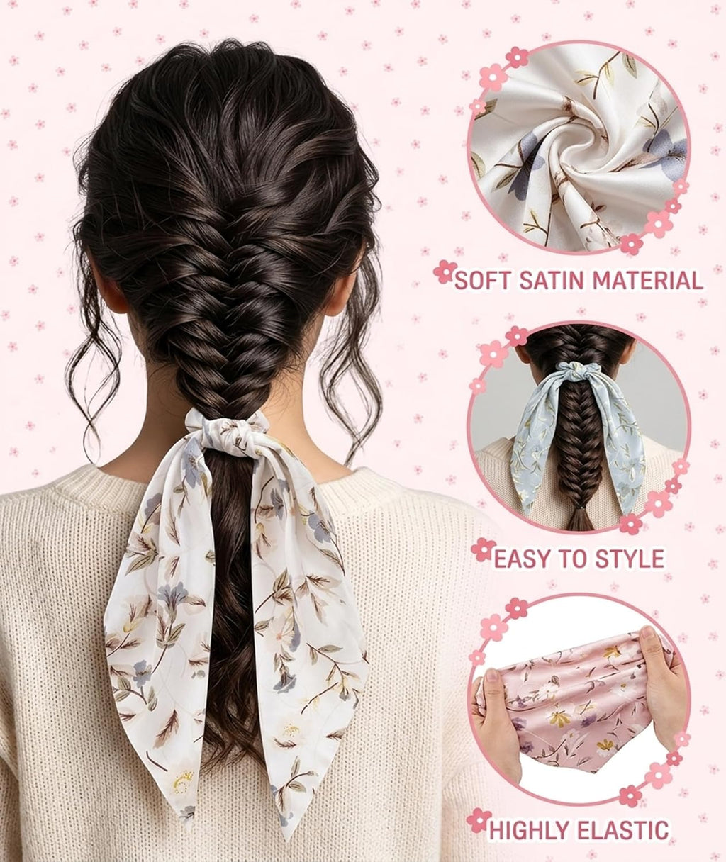 Satin Bow Hair Scrunchies, Soft Scarf Ponytail Hair Ties Scrunchies - set of 3