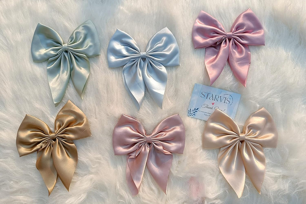 Silky Satin Hair Barrettes Bow Clip Large Bow Hair Slides Metal Clips - set of 6