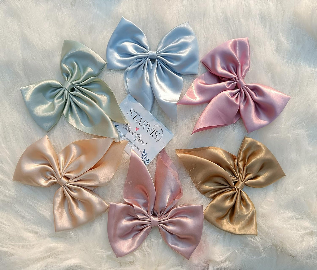 Silky Satin Hair Barrettes Bow Clip Large Bow Hair Slides Metal Clips - set of 6